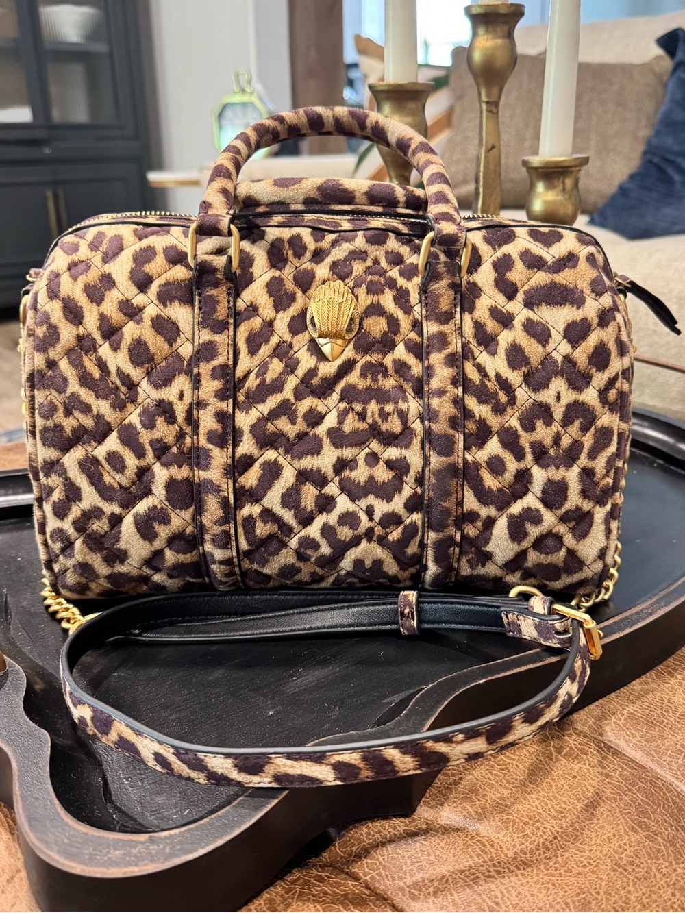 Kurt Geiger Kensington Leopard Boston Quilted Barrel Bag Purse-  Gold Hardware
